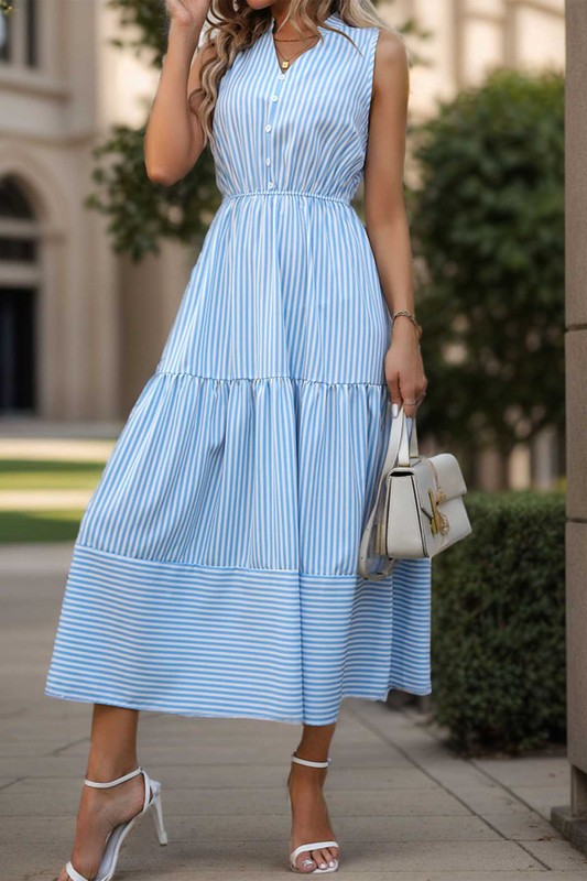 Striped Blue Button Detail Midi