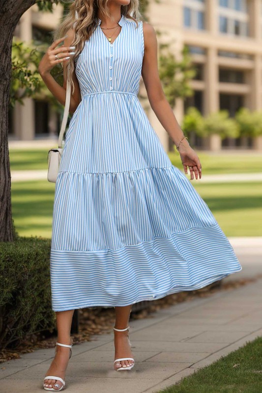 Striped Blue Button Detail Midi