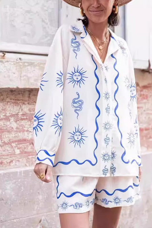 Printed Blue and Cream Graphic Print Set