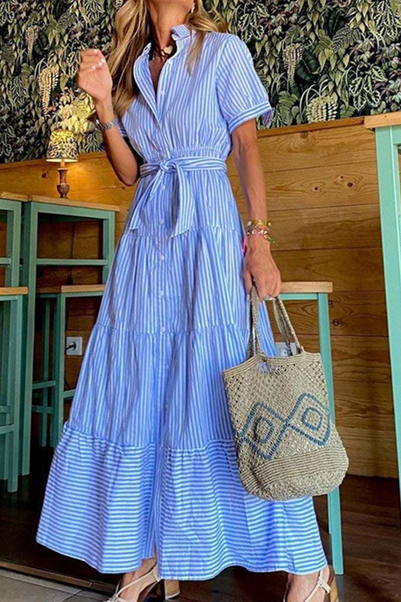 Blue Striped SS Collar Maxi Dress