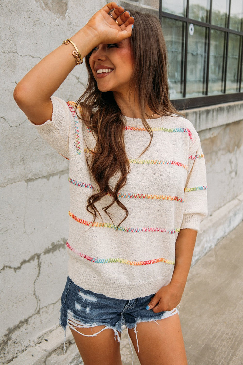 Rainbow Stitch Puff Sleeve Sweater