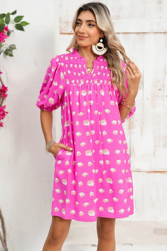 Pink Spotted Dress with Smocked Yoke