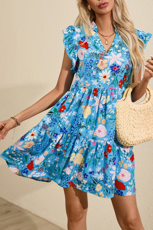 Blue Floral Flutter Sleeve