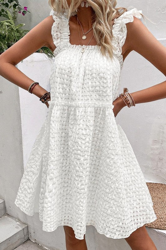 White Gingham Ruffle Sleeve Sundress