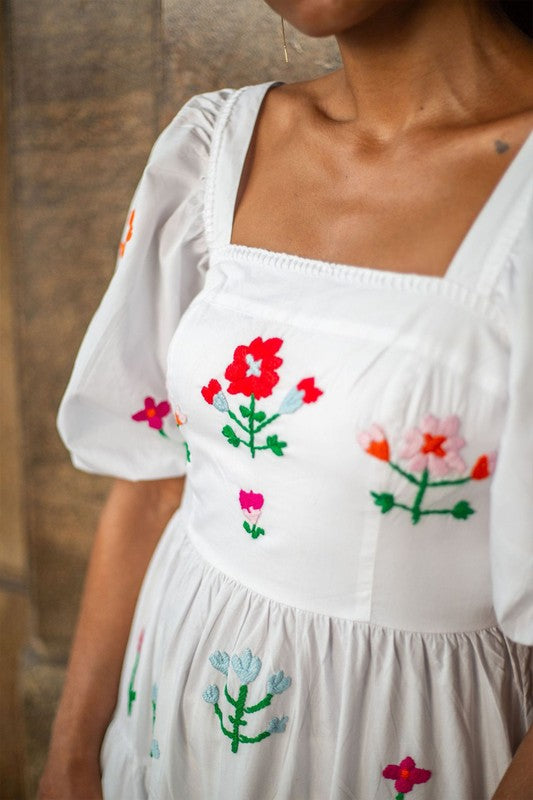 White Puff Sleeve Midi with Embroidery