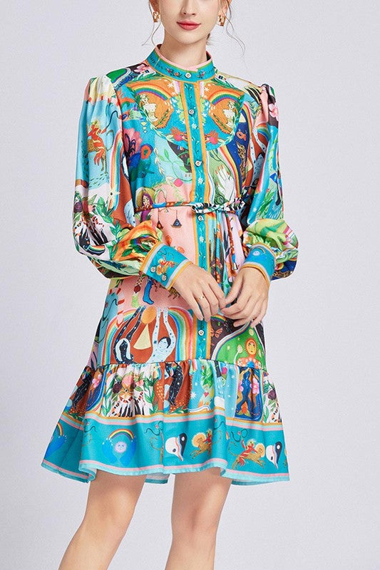 Turquoise Graphic Print Longsleeve Dress