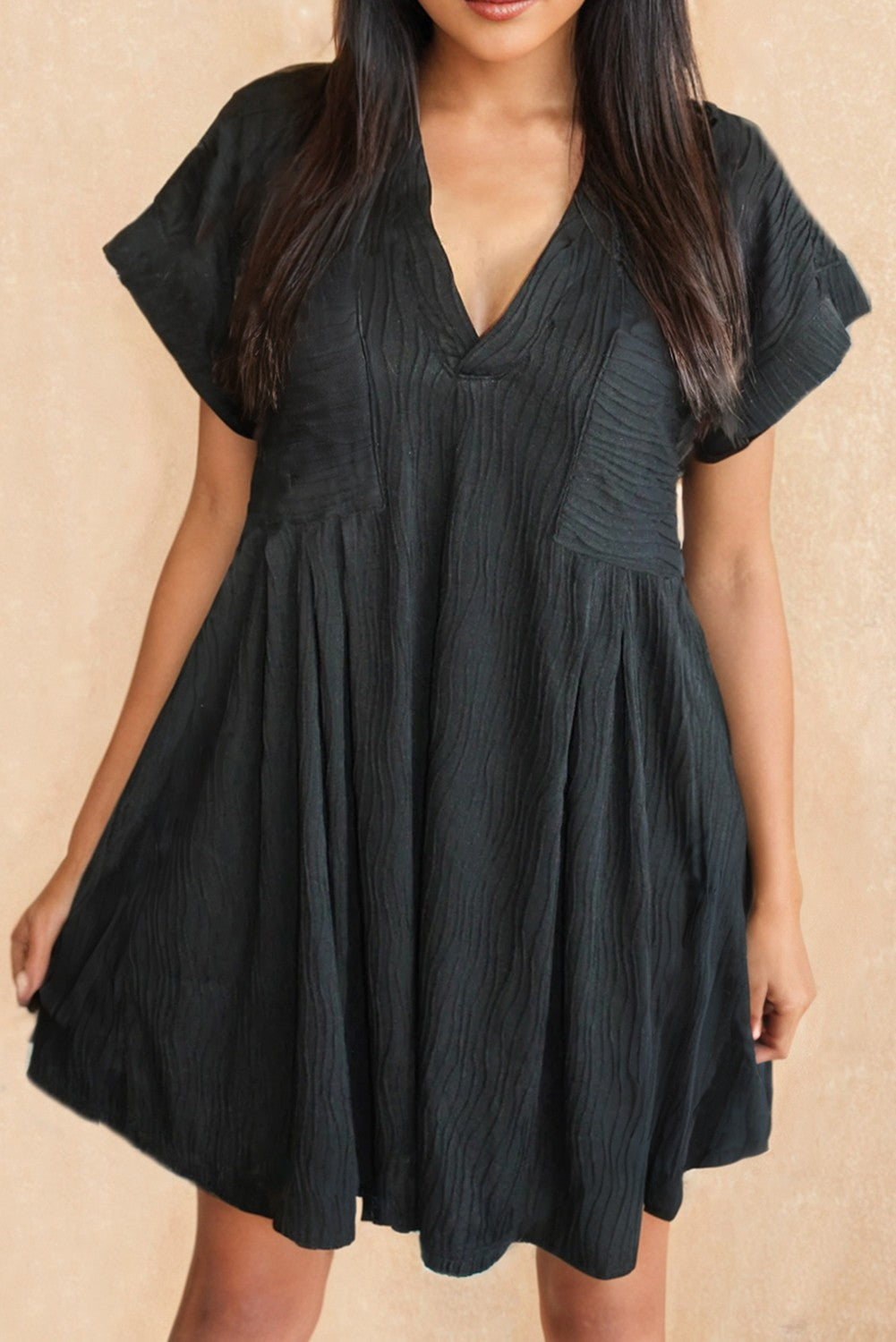 Crinkled Short Sleeve V Neck Flowy Dress