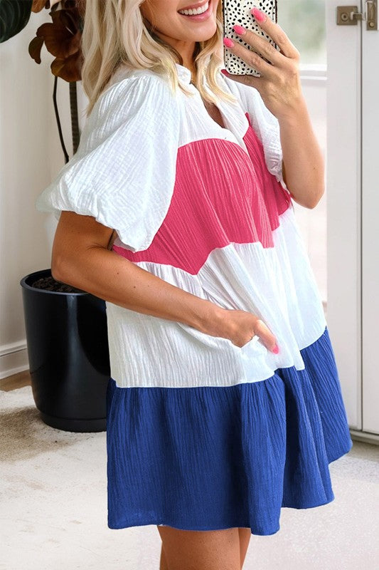 Gauze Cotton Patriotic Colorblock Dress