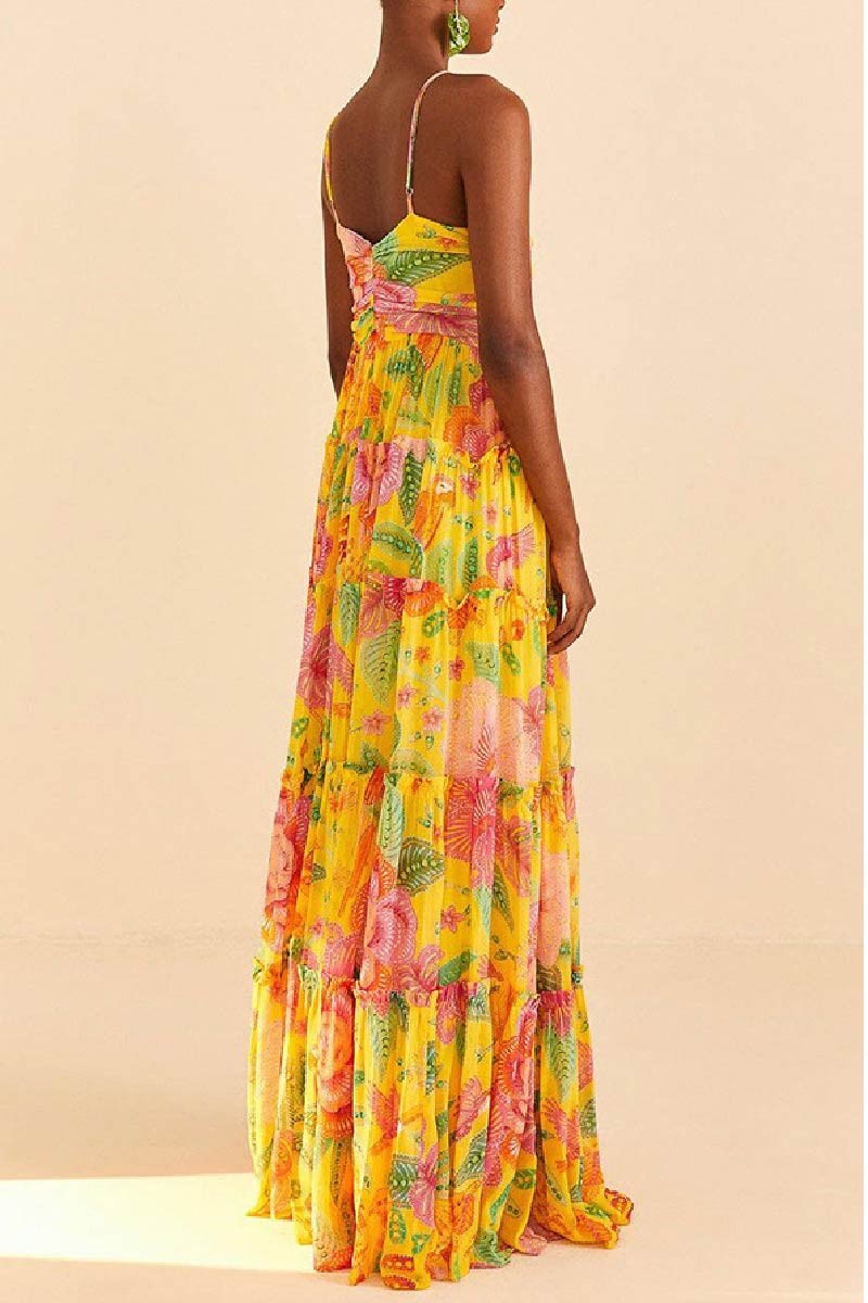 Bright Yellow Floral Print Halter Neck Maxi Dress