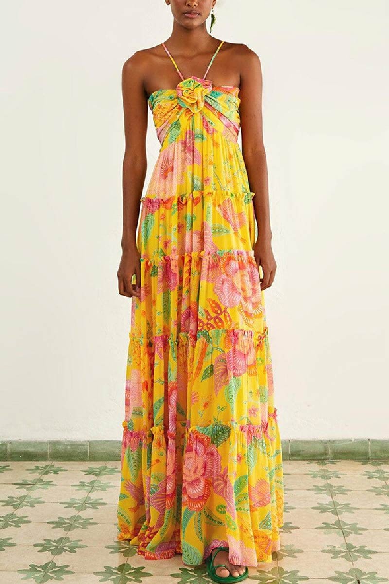 Bright Yellow Floral Print Halter Neck Maxi Dress