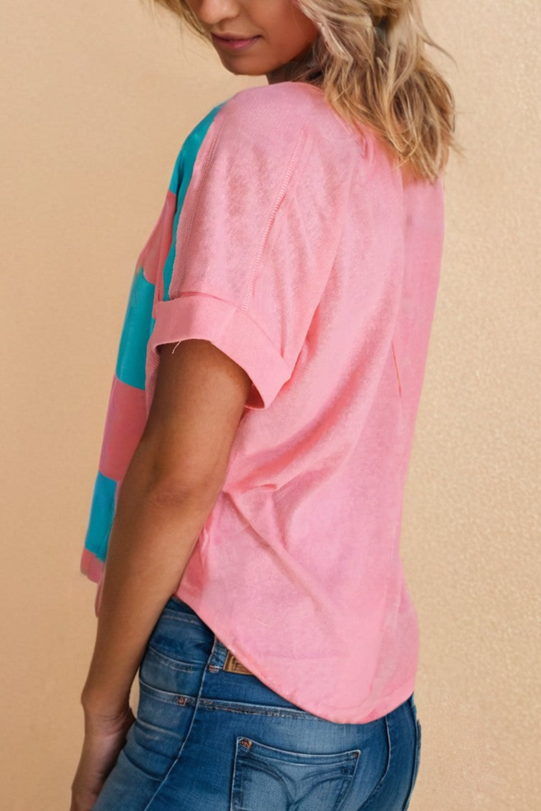 Rose/Blue Colorblock Exposed Seam Tee