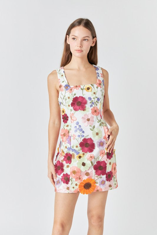 3D Floral Square Neck Dress