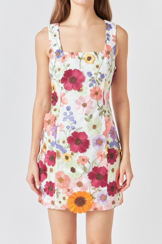 3D Floral Square Neck Dress