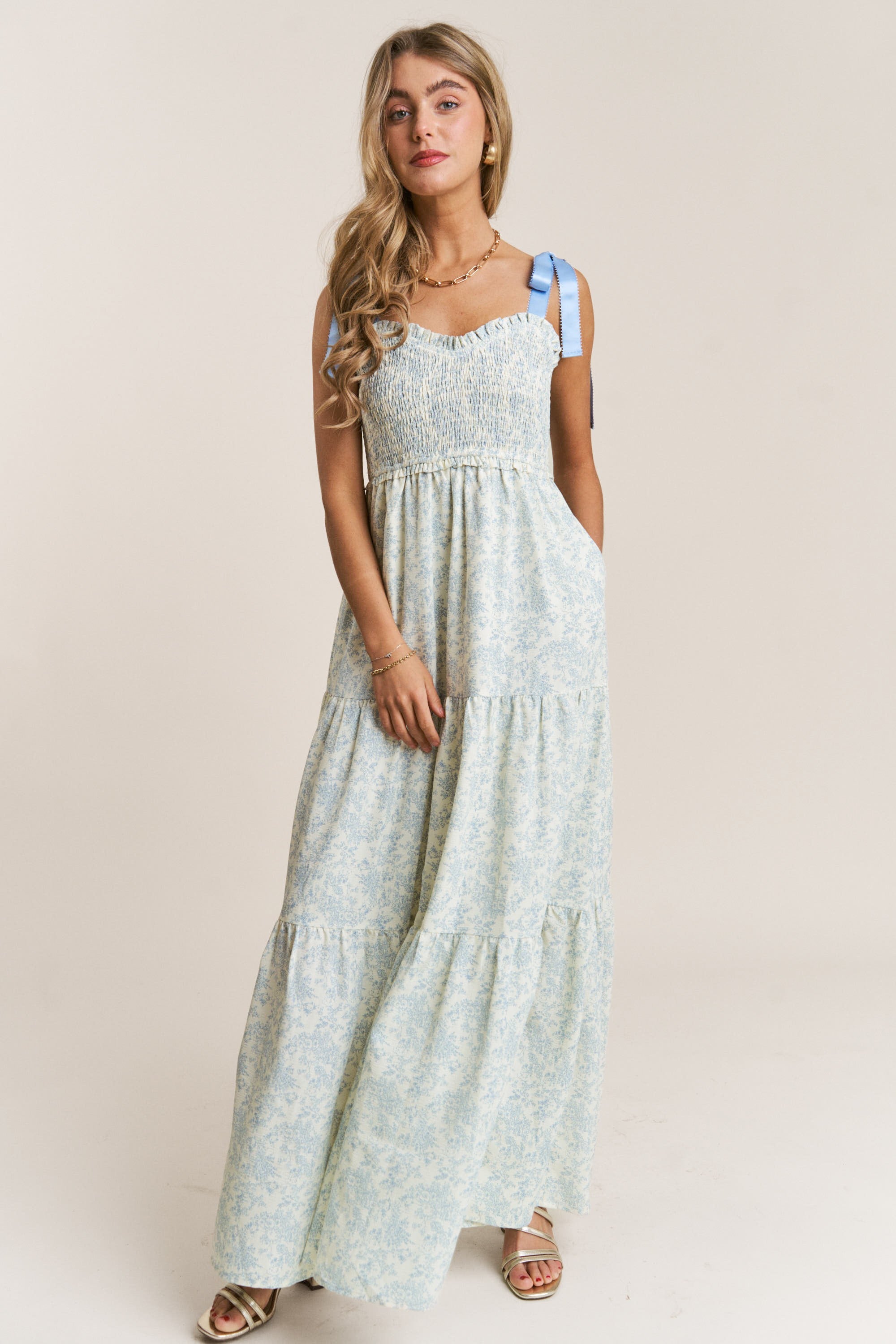 Empire Neck Line Floral Tiered Maxi Dress