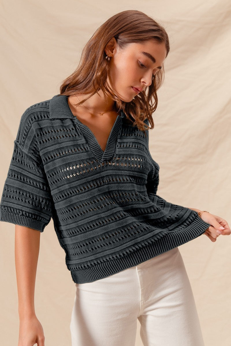 WASHED POLO COLLAR PERFORATED SWEATER TOP