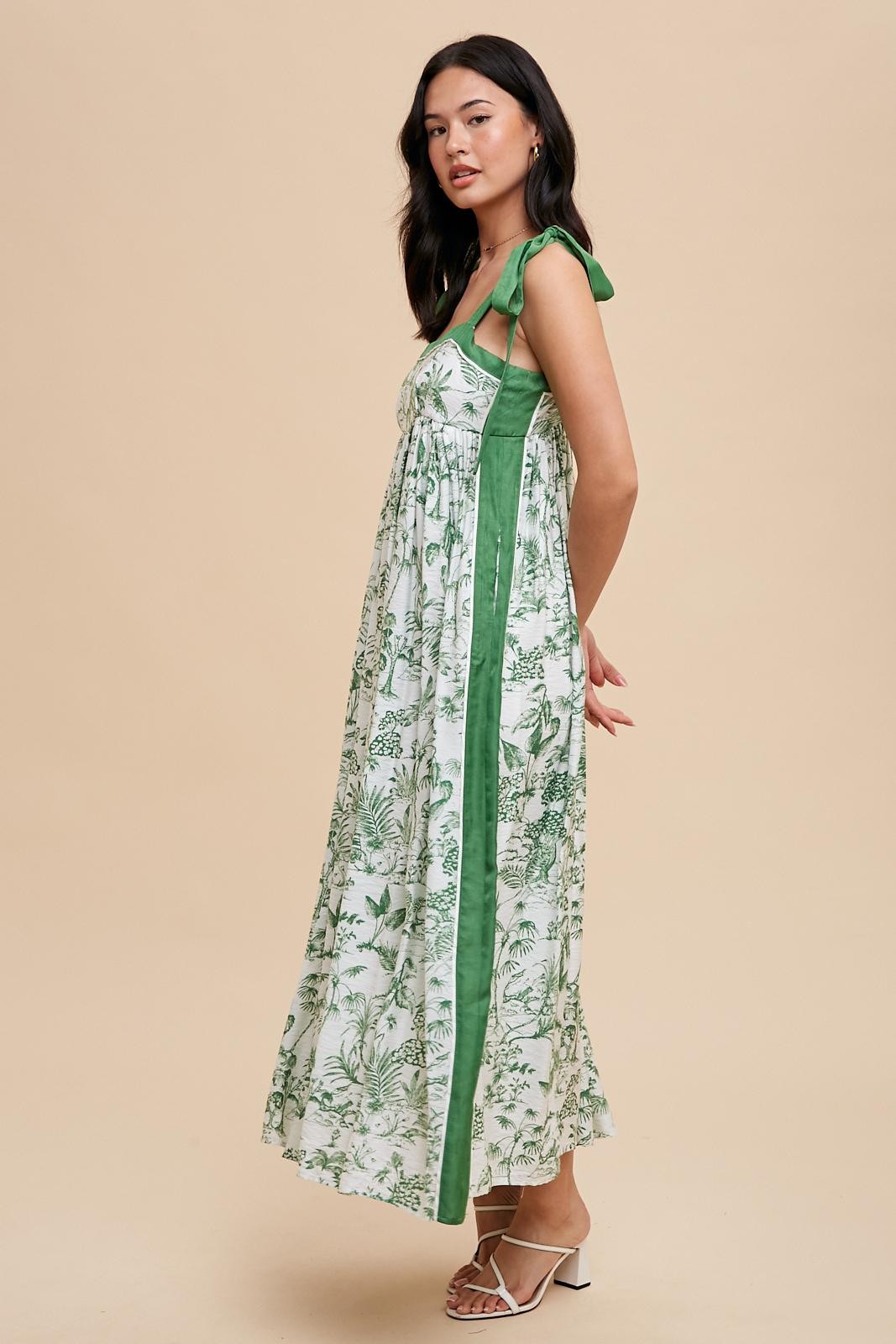 Green Printed Shoulder Tie Maxi