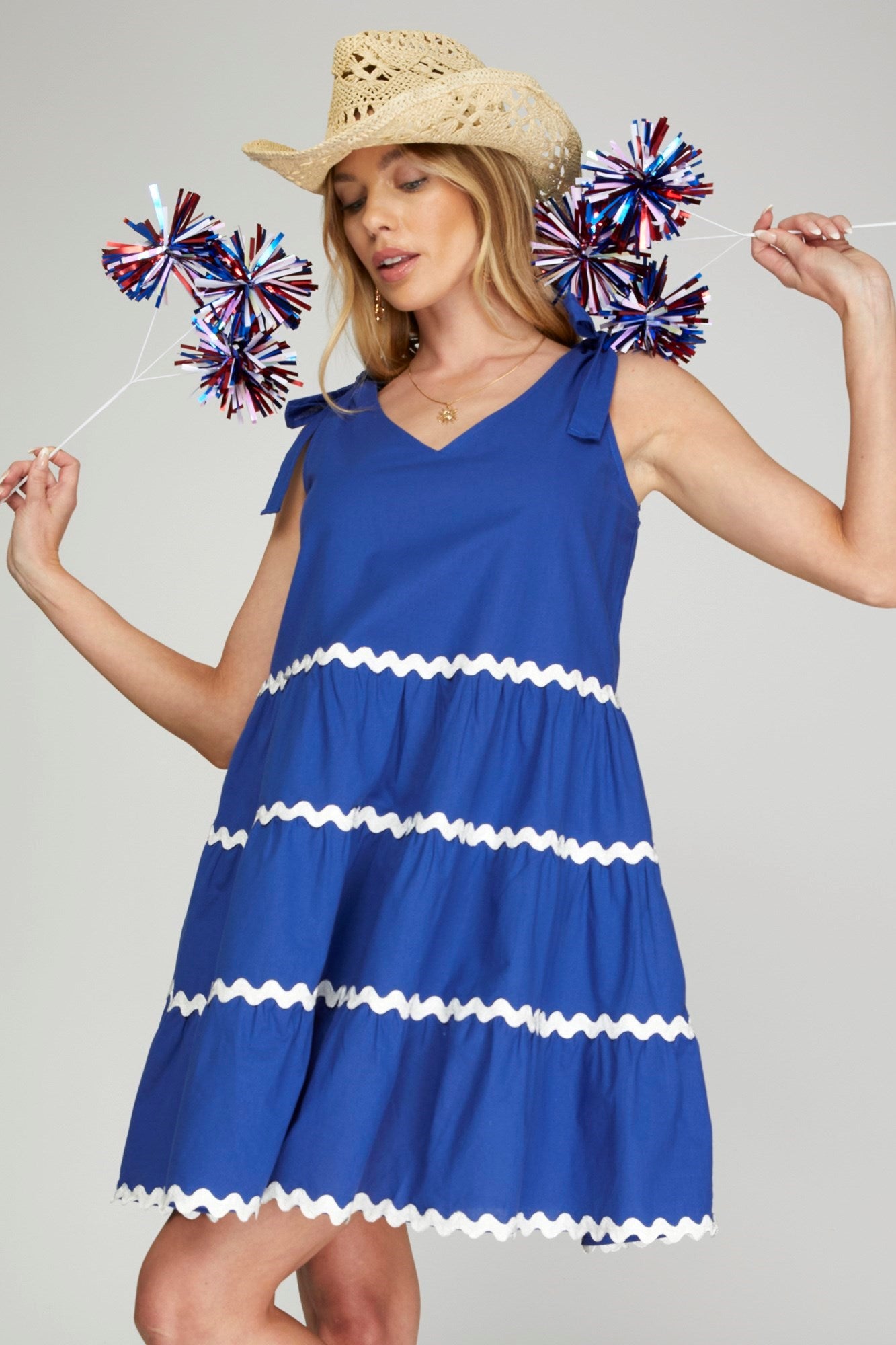 Red and Blue Ric Rac Dress with Shoulder Ties