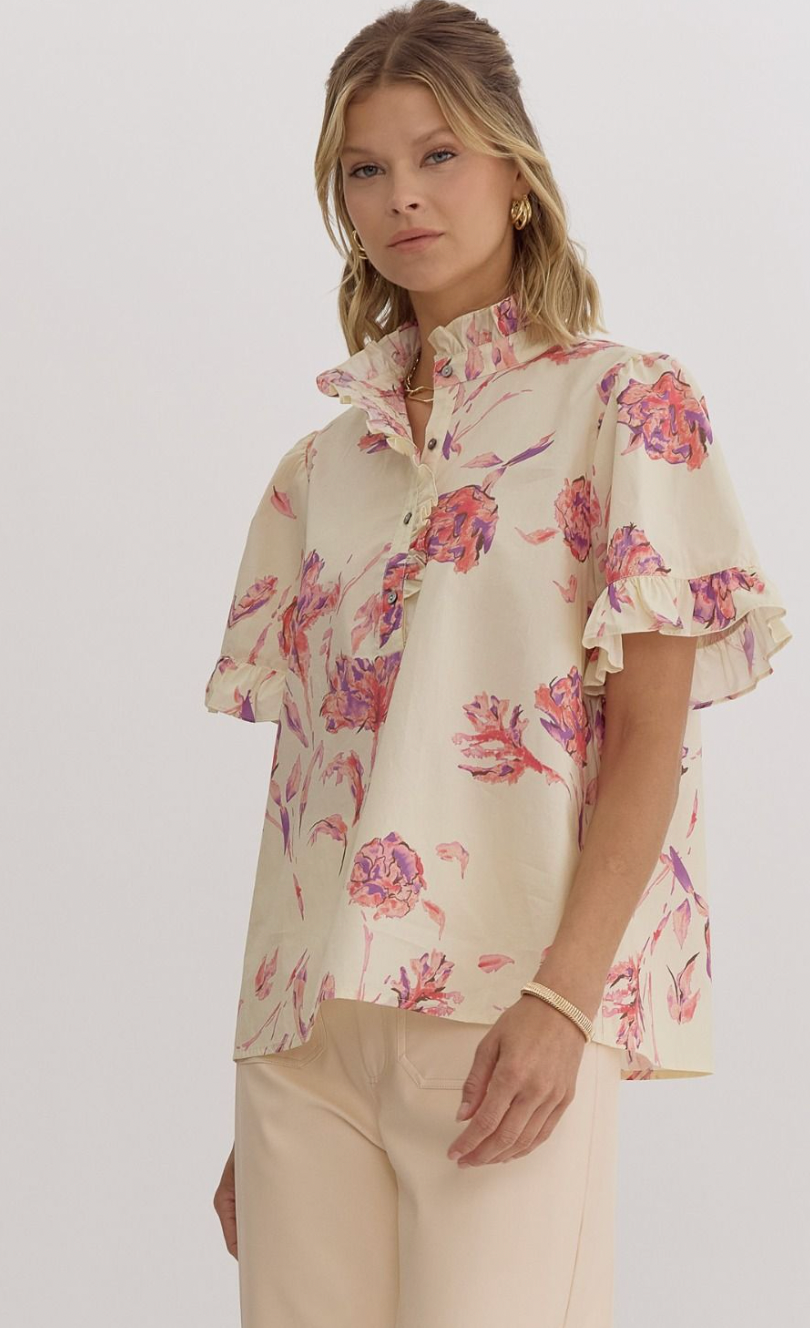 High Ruffle Neck Floral Blouse