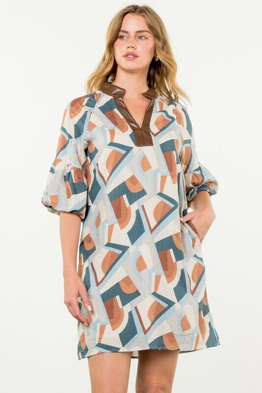 Abstract Dress with Faux Leather Collar Detail THML 