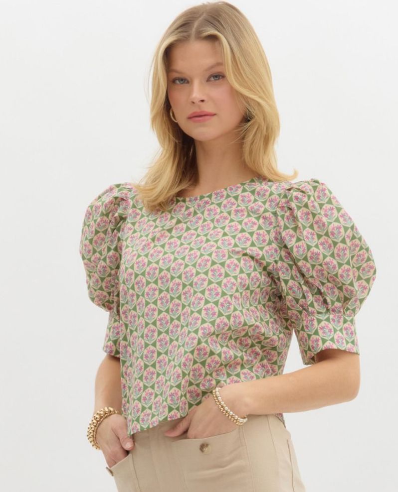 Abstract Floral Banded Sleeve Blouse entro 
