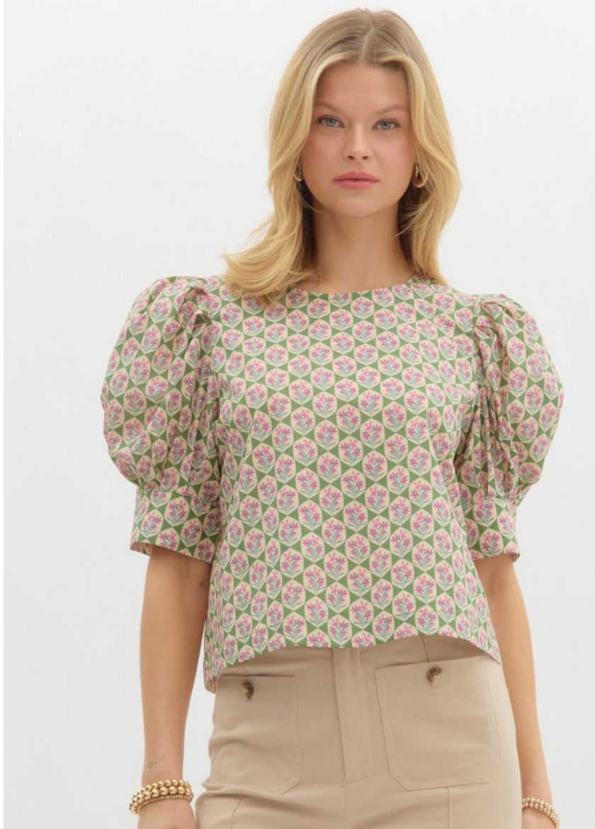 Abstract Floral Banded Sleeve Blouse entro 