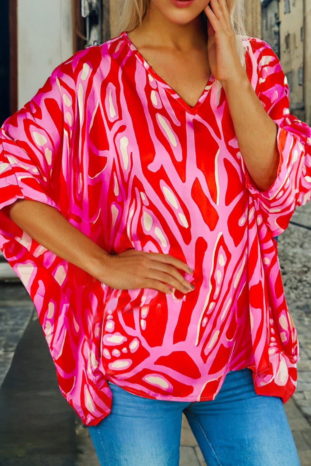 Abstract Print Batwing Sleeve Oversized Blouse kentce 