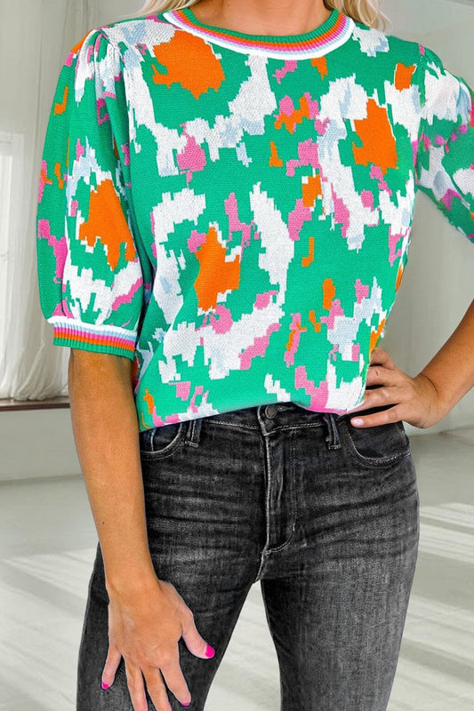 Abstract Print Puff Sleeve Top Shiying 