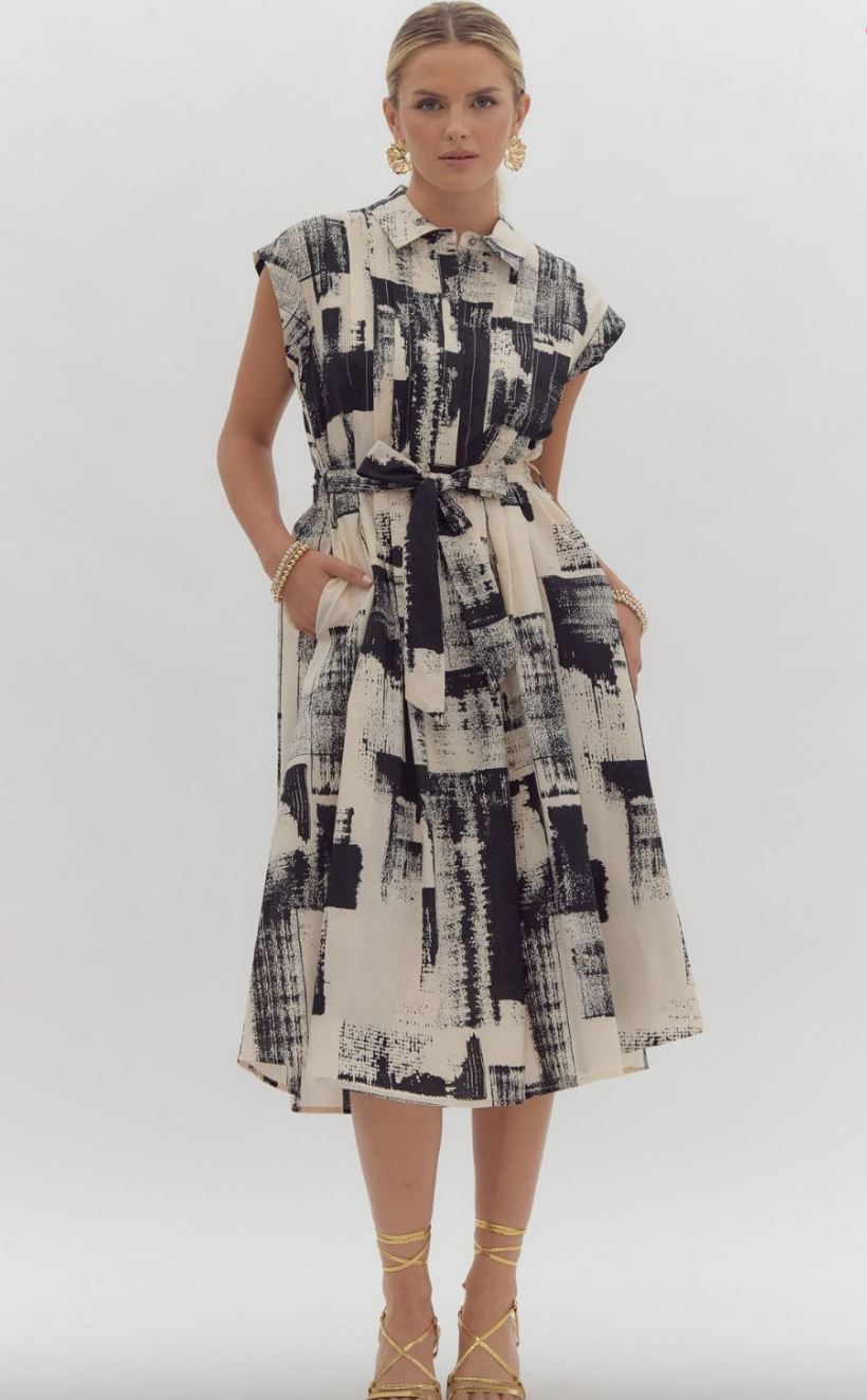 Abstract Print Tie Waist Midi entro 