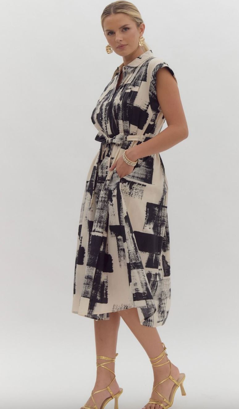 Abstract Print Tie Waist Midi entro 