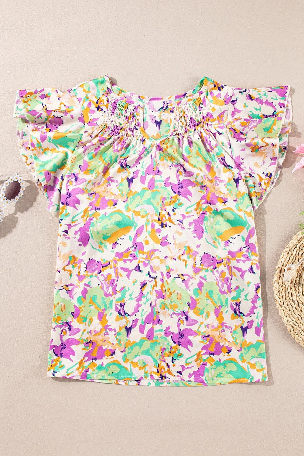 Abstract Ruffle SS Notched Neck Blouse Kentce 