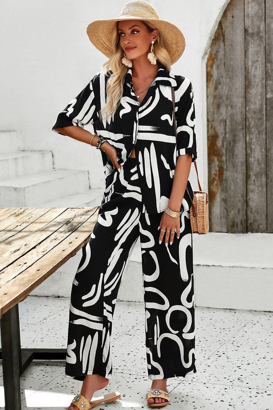Allover Print Elastic Button Blouse Sets supreme fashion 