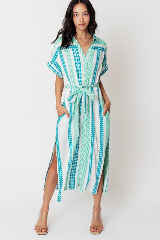 Aqua and Mint Tribal Button Down Midi en creme 