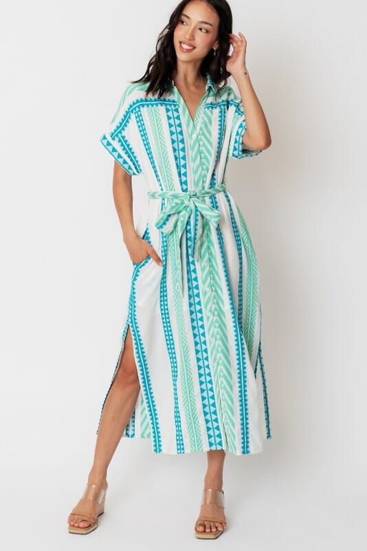 Aqua and Mint Tribal Button Down Midi en creme 