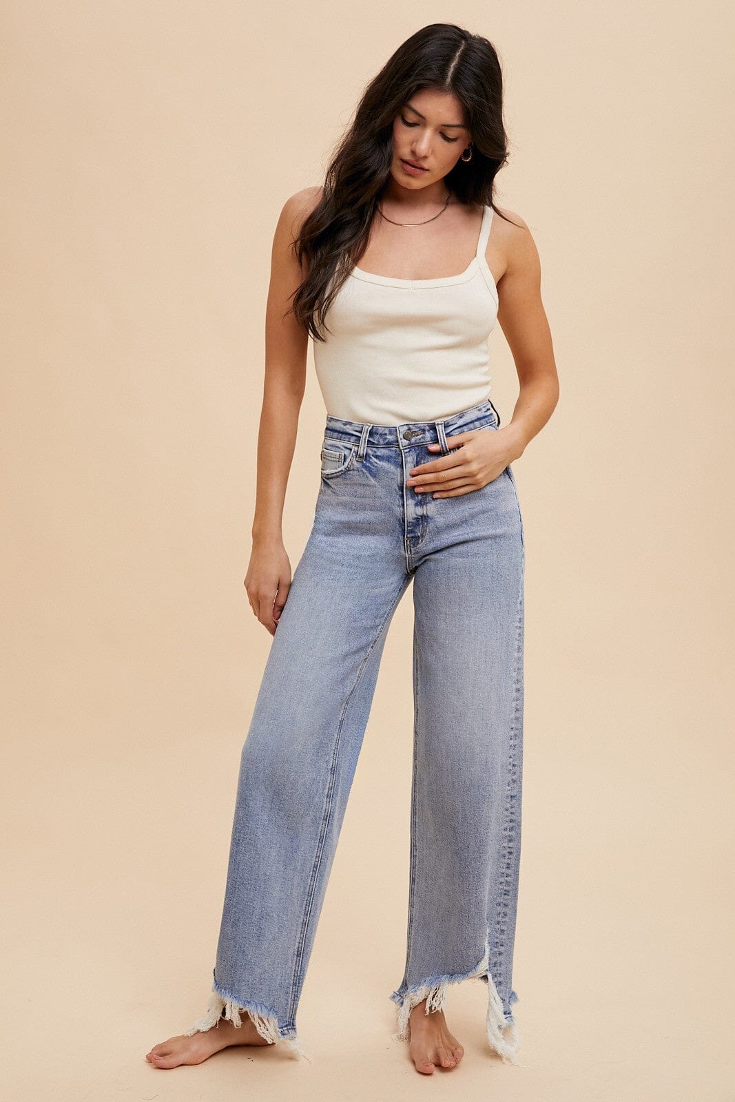 ASYMMETRICAL DISTRESSED HEM STRAIGHT FIT JEANS Annie Wear 