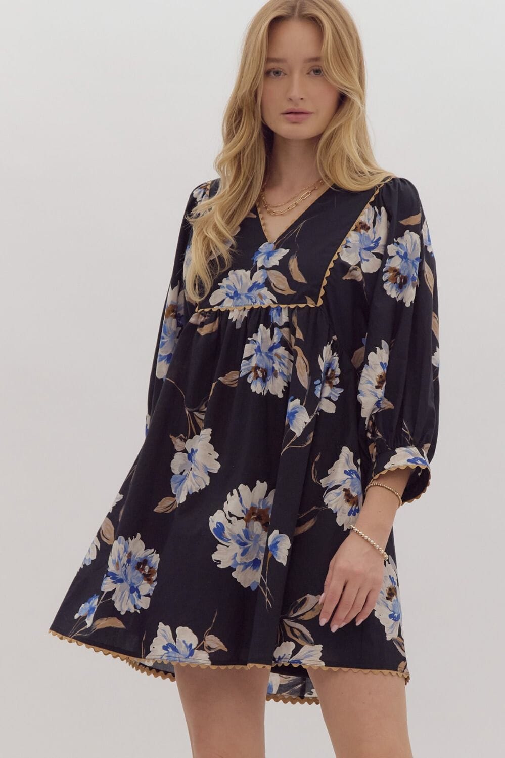 Black and Blue Floral Poplin Dress Entro 