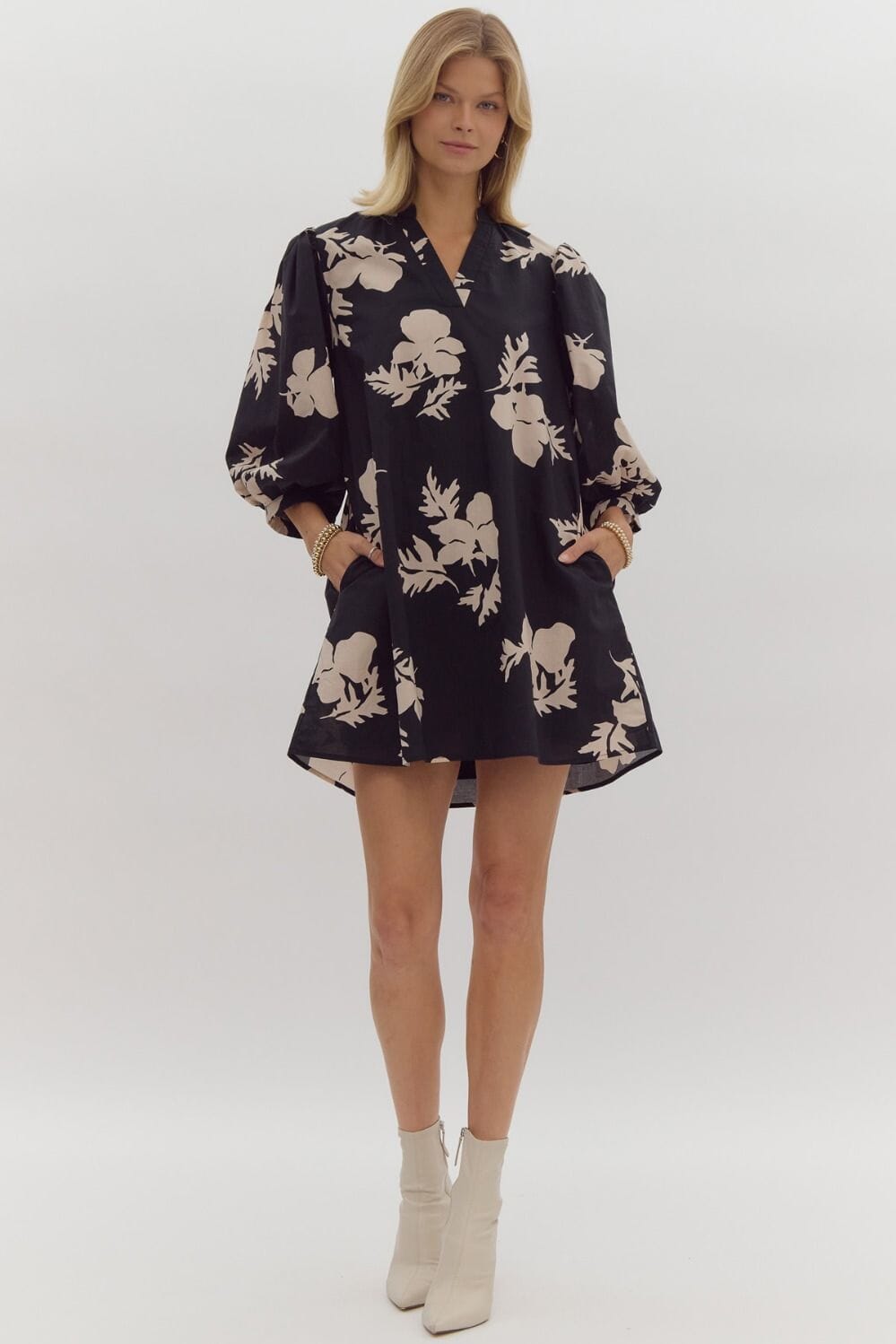 Black and Ecru Floral Puff Sleeve Dress Entro 