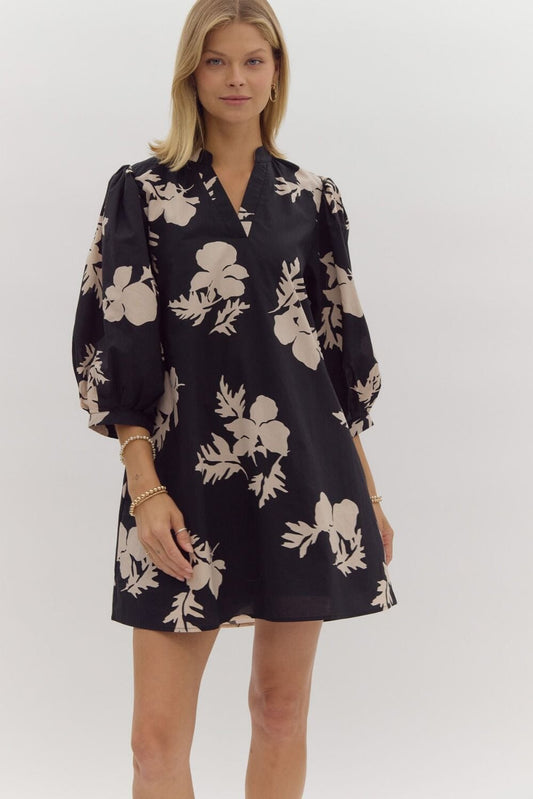 Black and Ecru Floral Puff Sleeve Dress Entro 