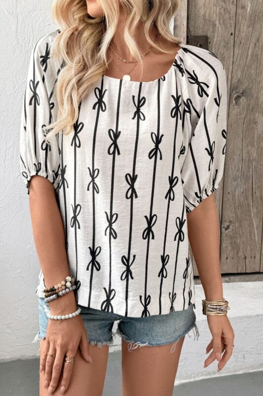 Black and White Puff Sleeve Bow Top Asia Direct 