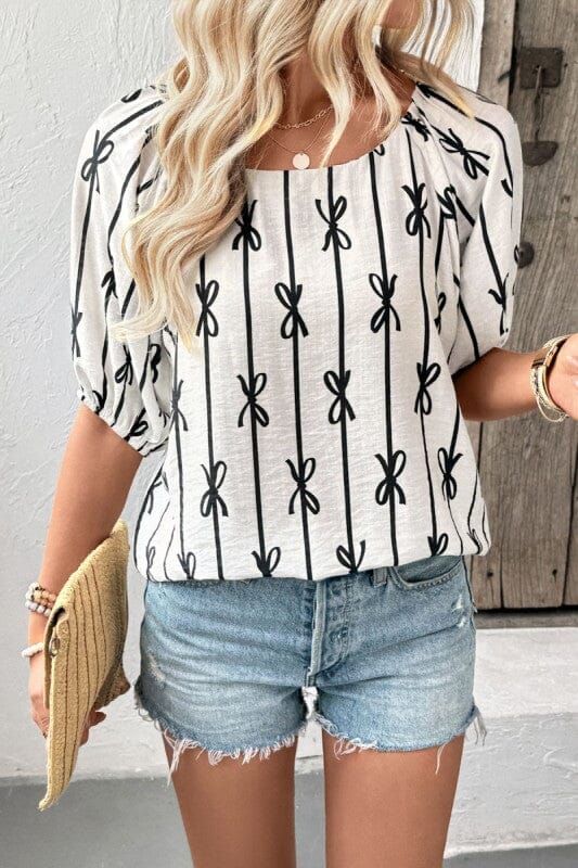 Black and White Puff Sleeve Bow Top Asia Direct 
