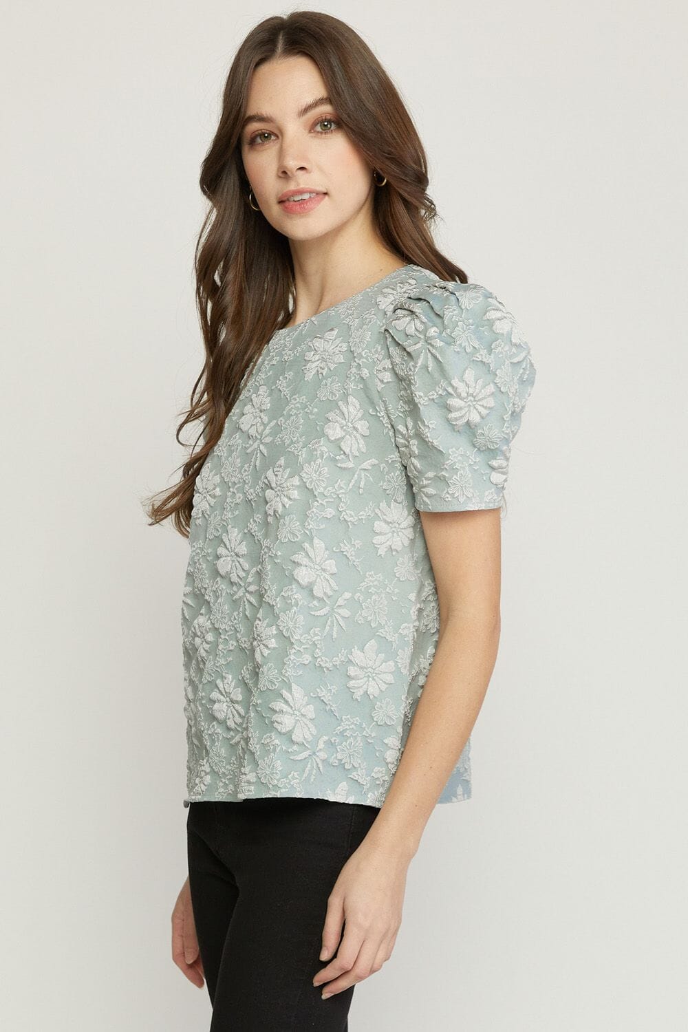 Black Friday - Powder Blue Floral Jacquard Puff Sleeve Top - Final Sale entro 