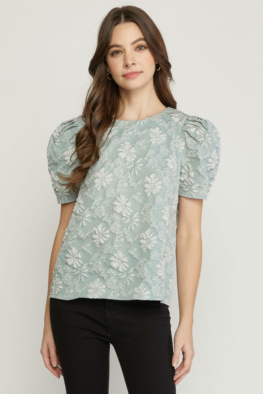 Black Friday - Powder Blue Floral Jacquard Puff Sleeve Top - Final Sale entro 