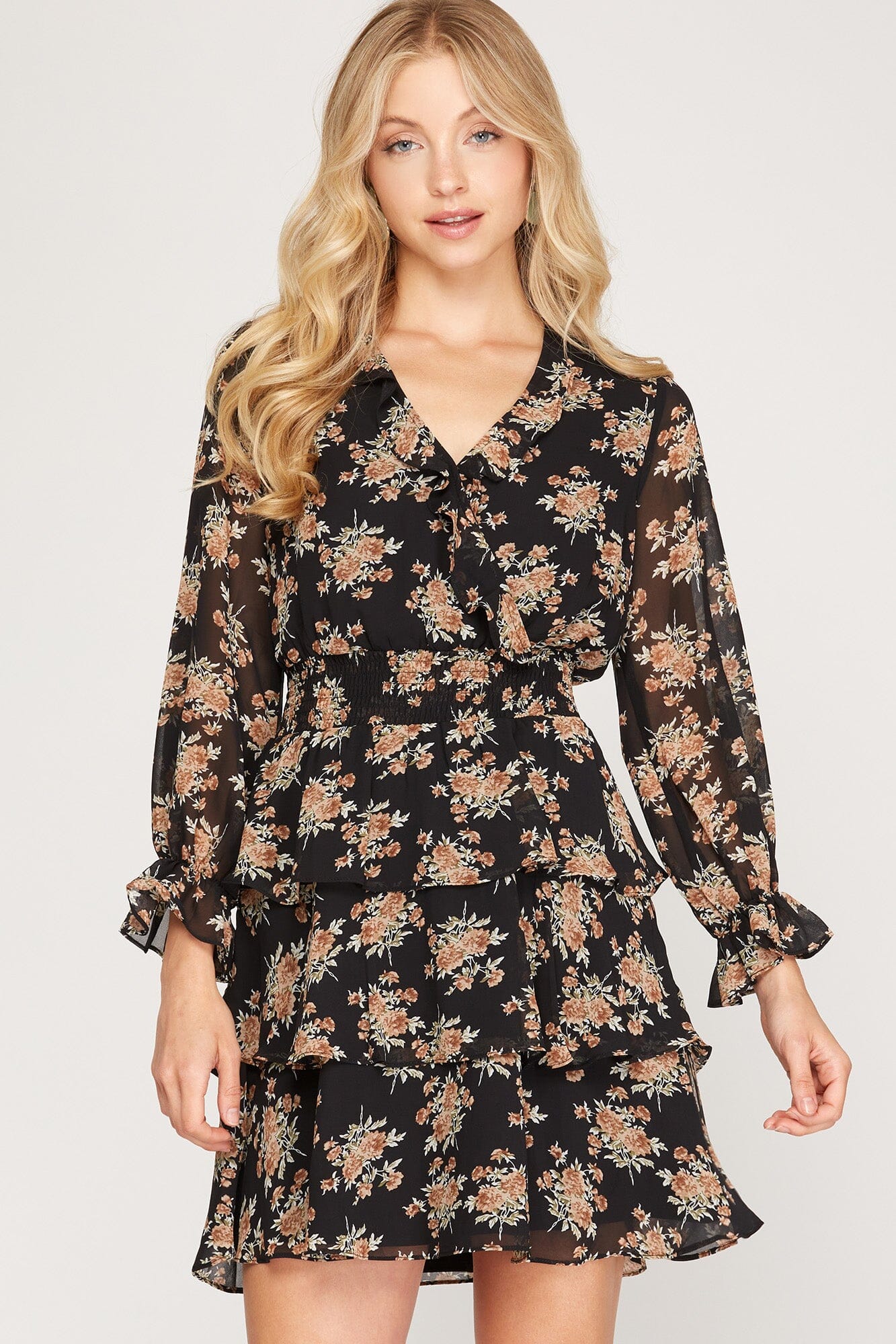 Black Friday Sale - Black Floral Ruffle Neck Dress - Final Sale she + sky 