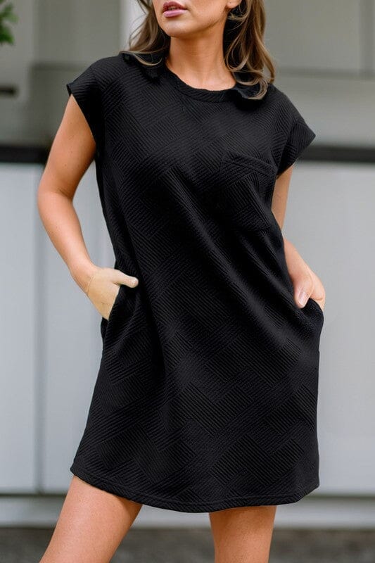 Black Textured Pocket Dress Shewin 