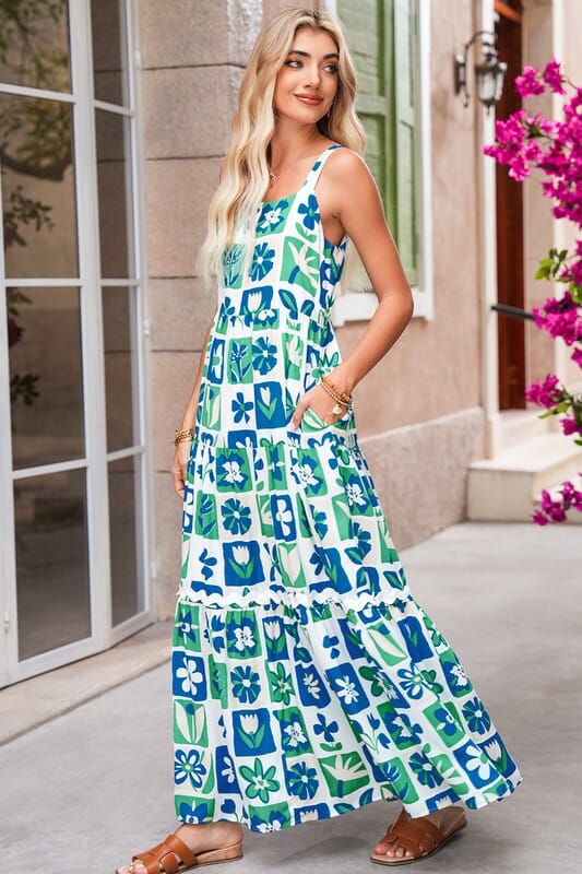Blue and Green Floral Check Maxi Kentce 