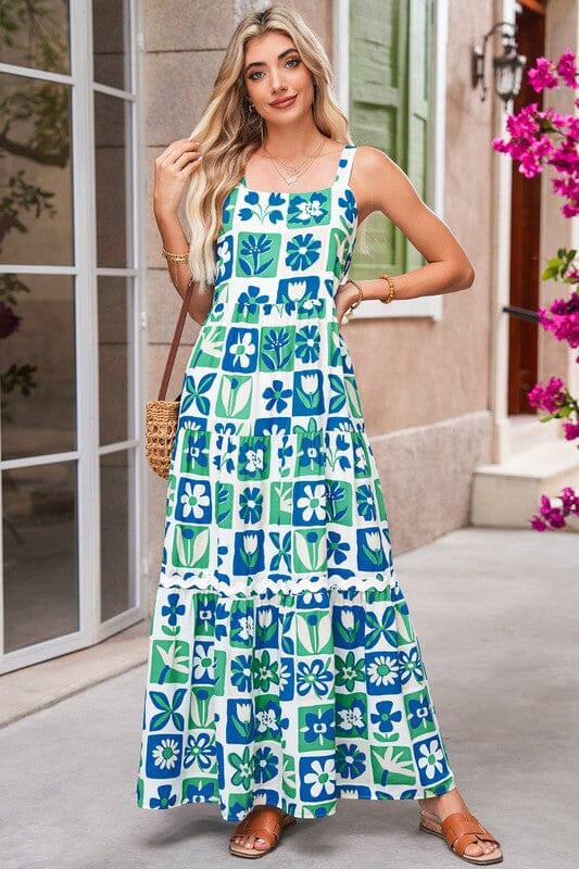 Blue and Green Floral Check Maxi Kentce 