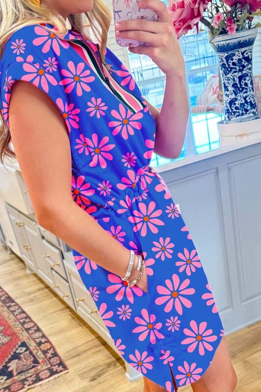 Blue and Pink Floral Drawstring Waist Dress Shewin 