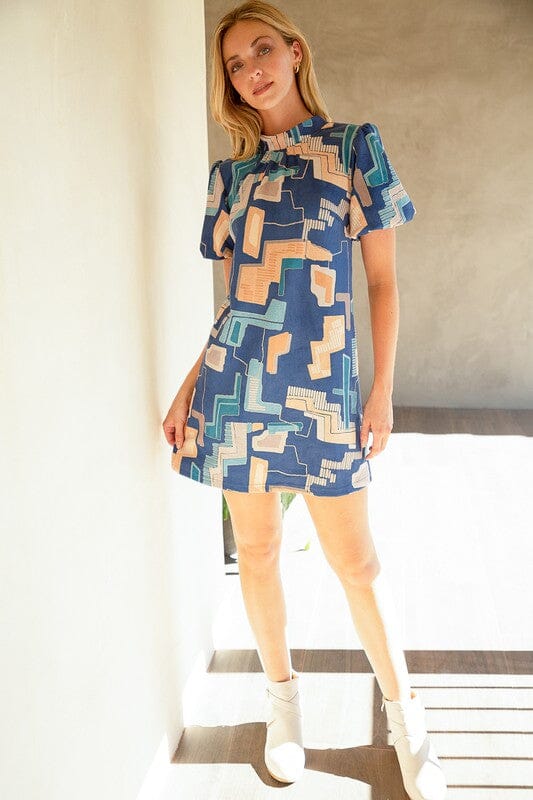 Blue and Taupe Geometric Print Bubble Sleeve Voy 