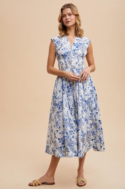Blue and White Floral Dual Zipper Dress In Loom 