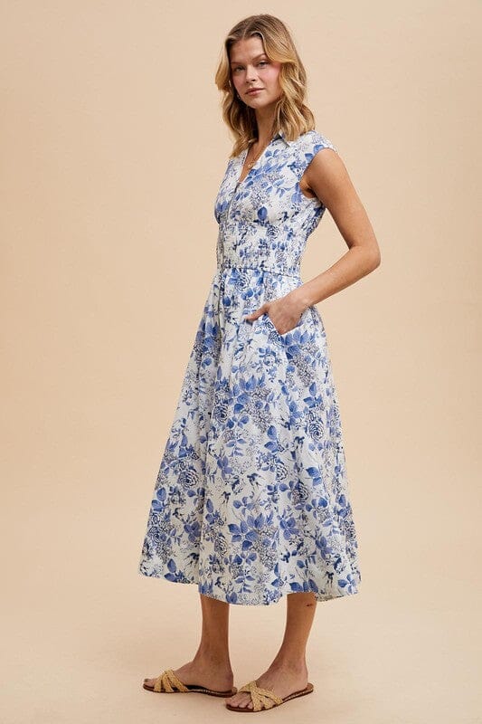 Blue and White Floral Dual Zipper Dress In Loom 