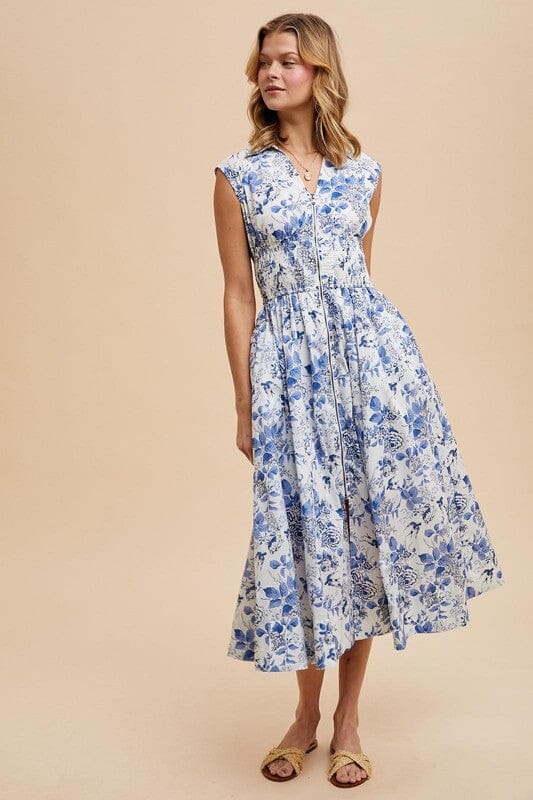 Blue and White Floral Dual Zipper Dress In Loom 